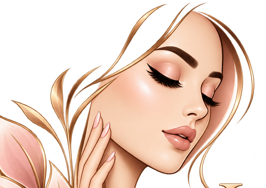 Worood Beauty's illustrated woman, with softly closed eyes and rose-gold details